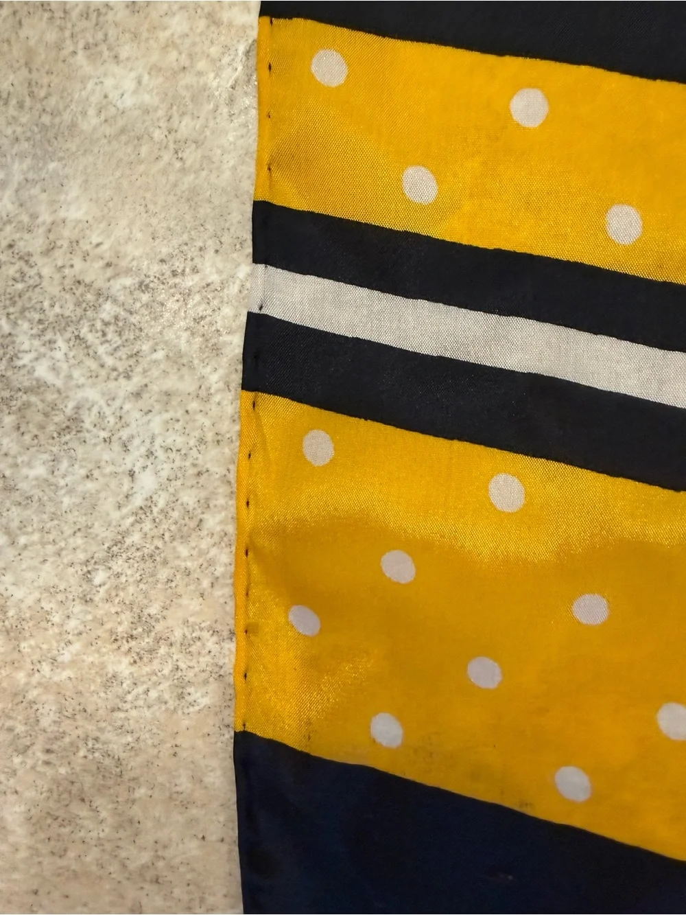 Bill Blass vintage Black Polka Dot silk scarf with Yellow Stripe Accent